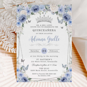Invitation Bébé Dusty Bleu Blanc Floral Argent Quinceañera 16