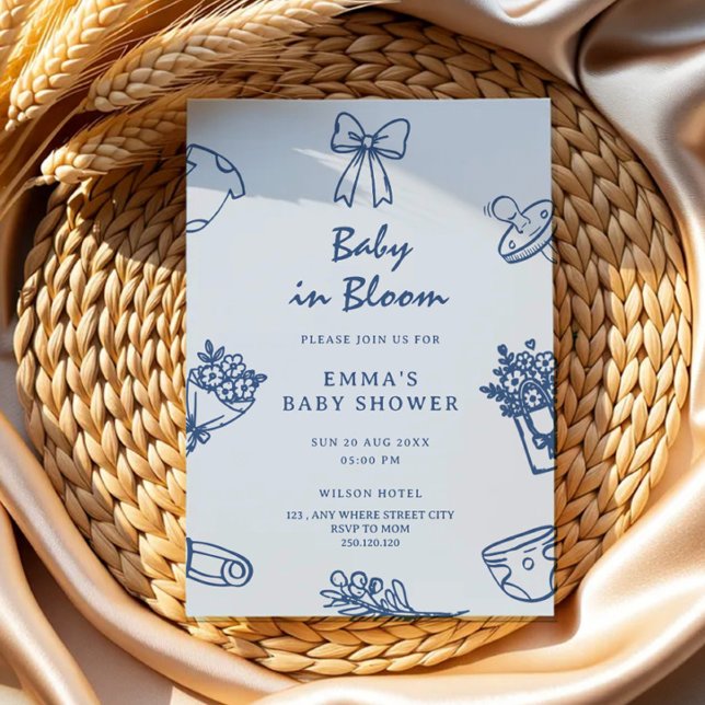 Invitation Bébé écrit à la main en fleurs, douces tons bleus  (Créateur téléchargé)