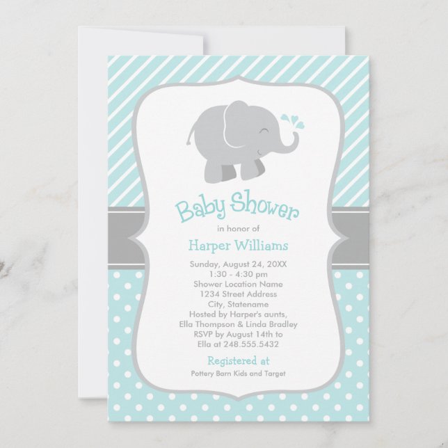 Invitation Bébé Éléphant Aqua Moderne Shower pour Garçon (Devant)