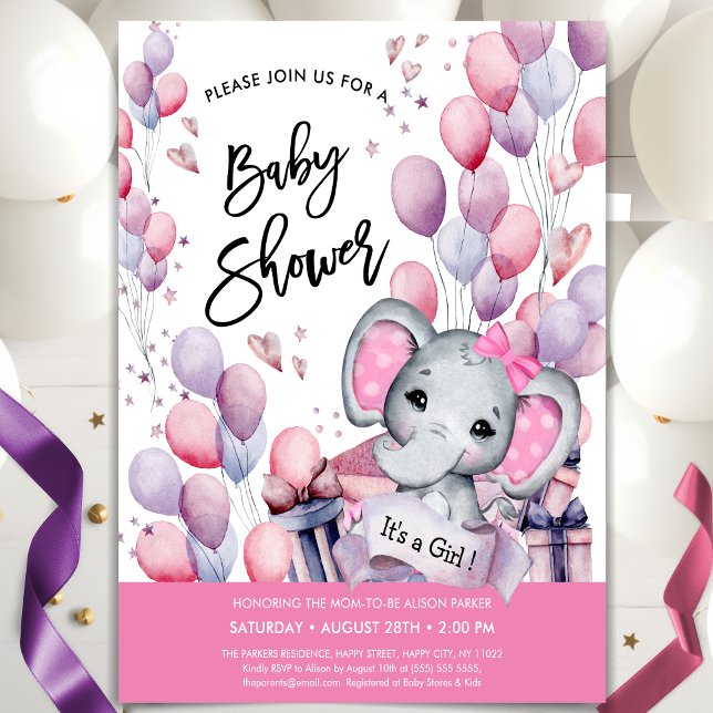 Invitation Bébé Eléphant Ballons roses Baby shower doux (Créateur téléchargé)