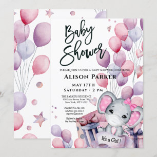 Invitation Bébé Eléphant Ballons roses mignonette Baby shower