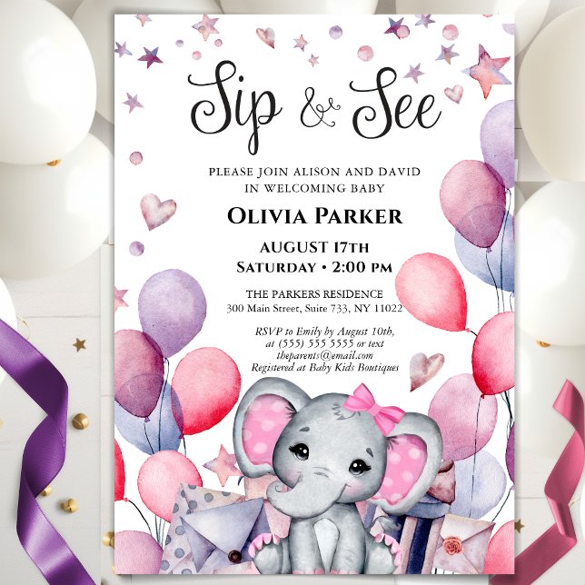 Invitation Bébé Eléphant Ballons roses SIP ET VOIR (Créateur téléchargé)