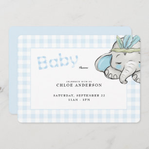 Invitation Bébé Eléphant Bleu En vichy Baby shower arrondi