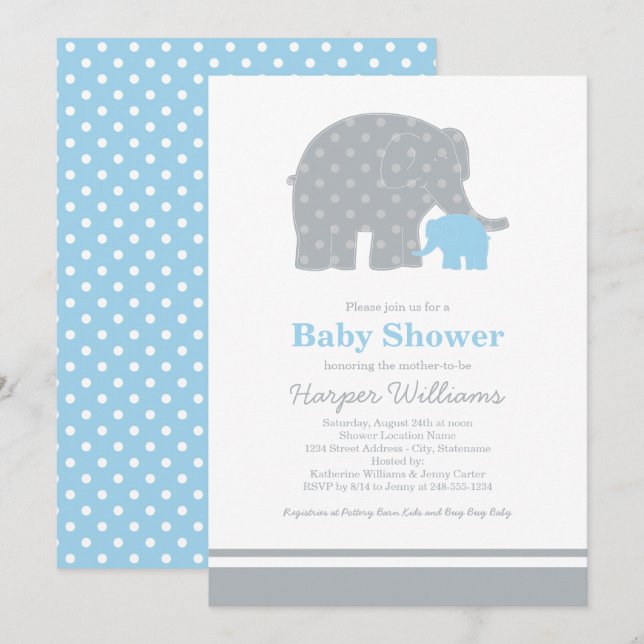 Invitation Bébé Éléphant Bleu Gris Garçon Mère Shower (Devant / Derrière)