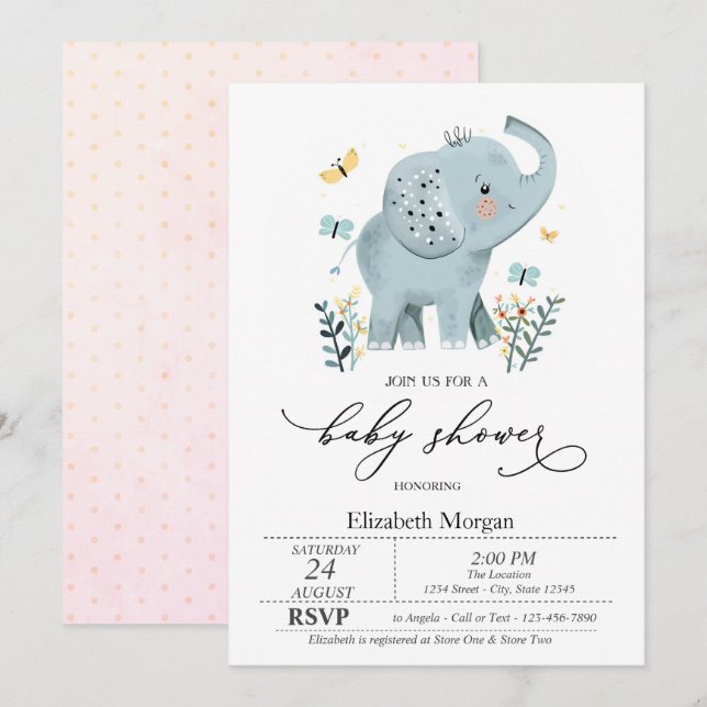 Invitation Bébé éléphant bleu papillon points Baby Shower  (Devant / Derrière)