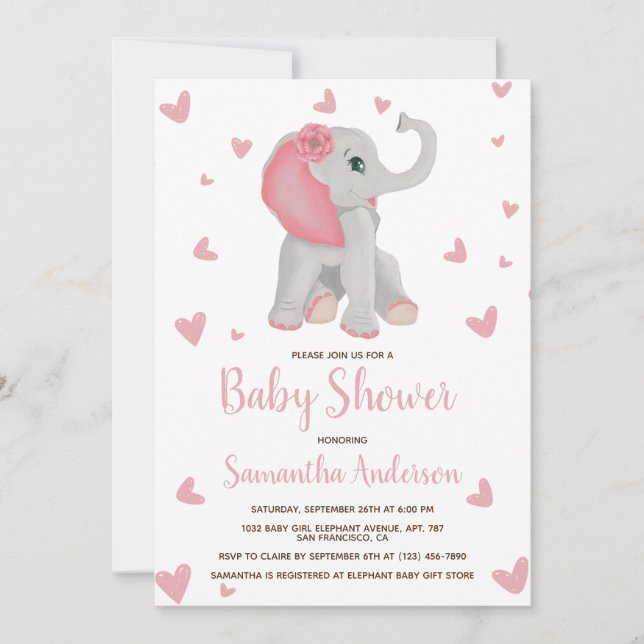 Invitation Bébé Eléphant bleu rose Baby shower floral Photo (Devant)