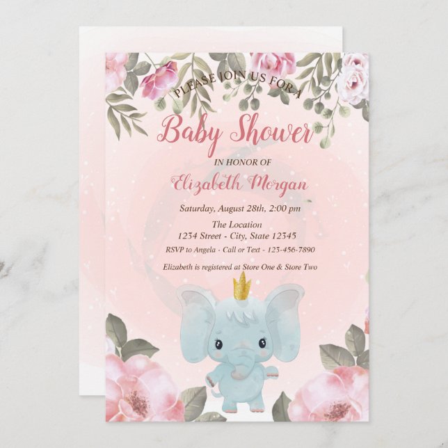 Invitation Bébé Eléphant Couronne Floral Baby shower Invitati (Devant / Derrière)