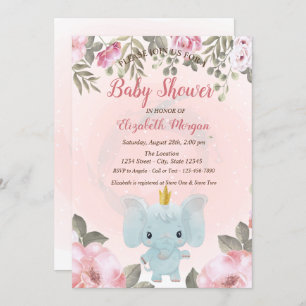 Invitation Bébé Eléphant Couronne Floral Baby shower Invitati
