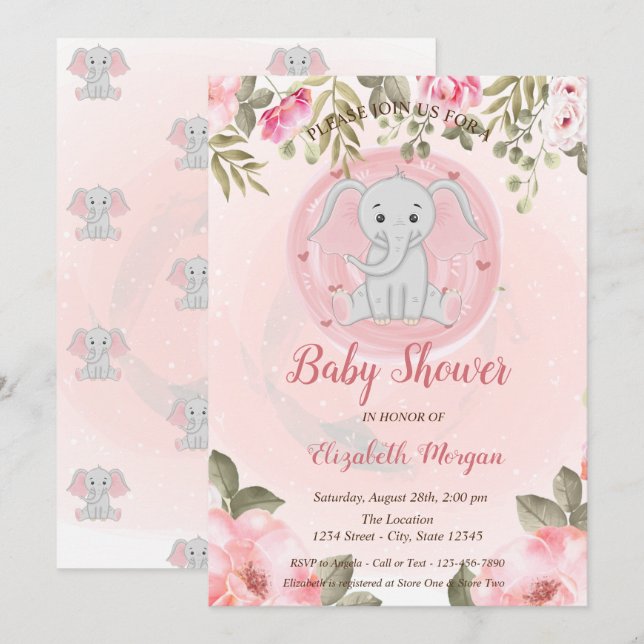 Invitation Bébé Éléphant Fille Mignon, Baby Shower Floral (Devant / Derrière)