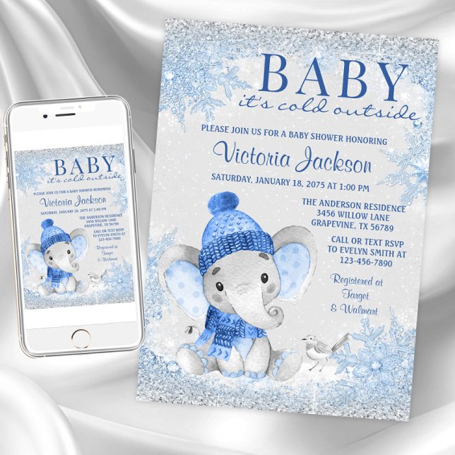 Invitation Bébé Éléphant Garçon il Fait Froid Dehors Baby Sho (Baby its cold outside baby shower invitations. Instant download and printed invitations available.)