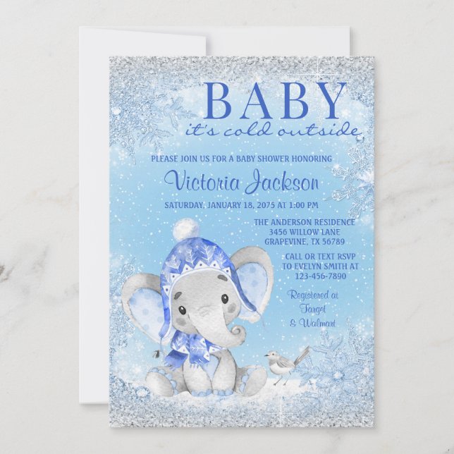 Invitation Bébé éléphant il fait froid dehors Baby Shower (Devant)