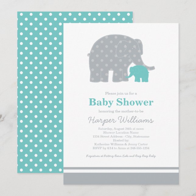 Invitation Bébé Éléphant Mère Bleu Gris Baby Shower (Devant / Derrière)
