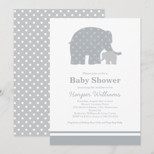 Invitation Bébé Éléphant Mère Gris Points Baby Shower (Devant / Derrière)