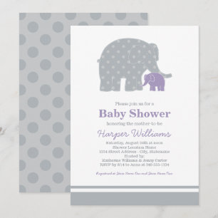Invitation Bébé Éléphant Mère Violet Gris Baby Shower