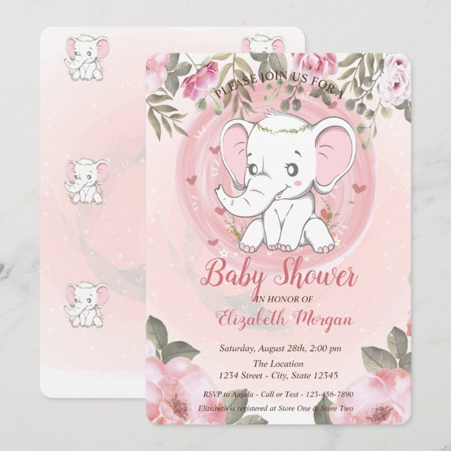 Invitation Bébé éléphant mignon, Baby Shower floral (Devant / Derrière)