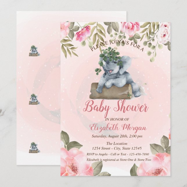 Invitation Bébé éléphant mignon, Baby Shower floral (Devant / Derrière)