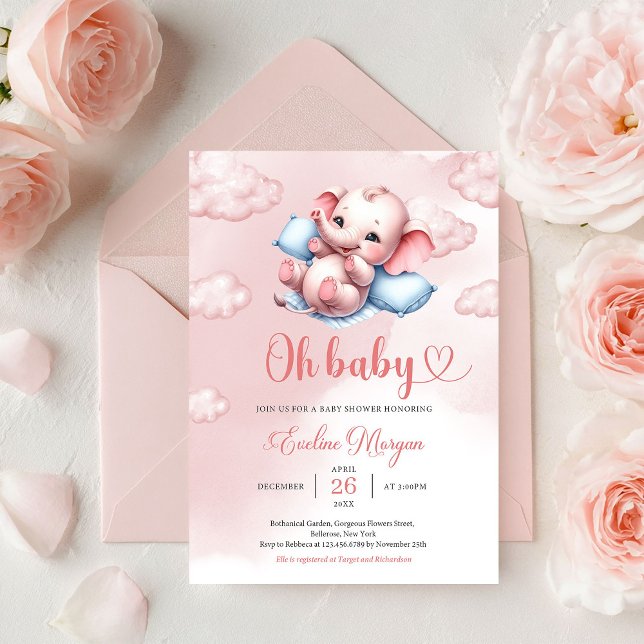 Invitation Bébé éléphant mignon dans lit bébé rose et bleu  (Cute Elephant Girl Baby Shower Invitation Editable Printable Template Instant Download)