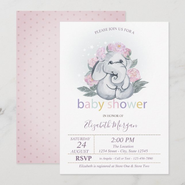 Invitation Bébé éléphant mignon fleurs pois fête de naissance (Devant / Derrière)