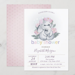 Invitation Bébé éléphant mignon fleurs pois fête de naissance