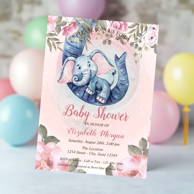 Invitation Bébé éléphant mignon floral points roses Baby Show (Créateur téléchargé)