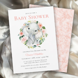 Invitation Bébé éléphant mignon floral rose Baby Shower