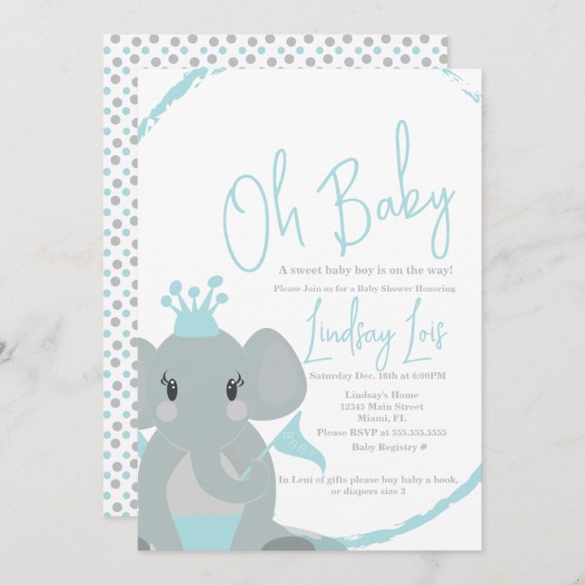 Invitation Bébé Eléphant mignon Garçon Élégant Baby shower Sc (Devant / Derrière)