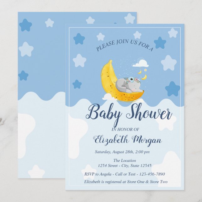 Invitation Bébé éléphant mignon, Lune Banane (Devant / Derrière)
