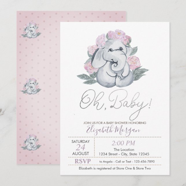 Invitation Bébé éléphant mignon points floraux  Baby Shower (Devant / Derrière)
