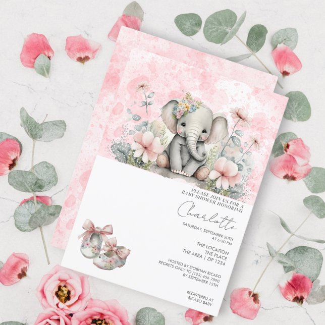 Invitation Bébé Eléphant mignonne fille avec Baby shower de f (Créateur téléchargé)