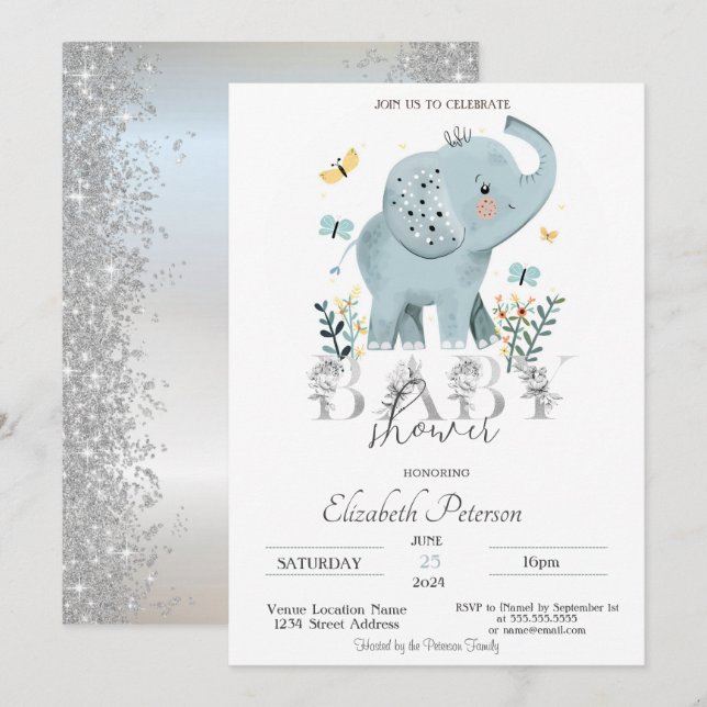 Invitation Bébé Éléphant Pailleté Argent Baby Shower (Devant / Derrière)