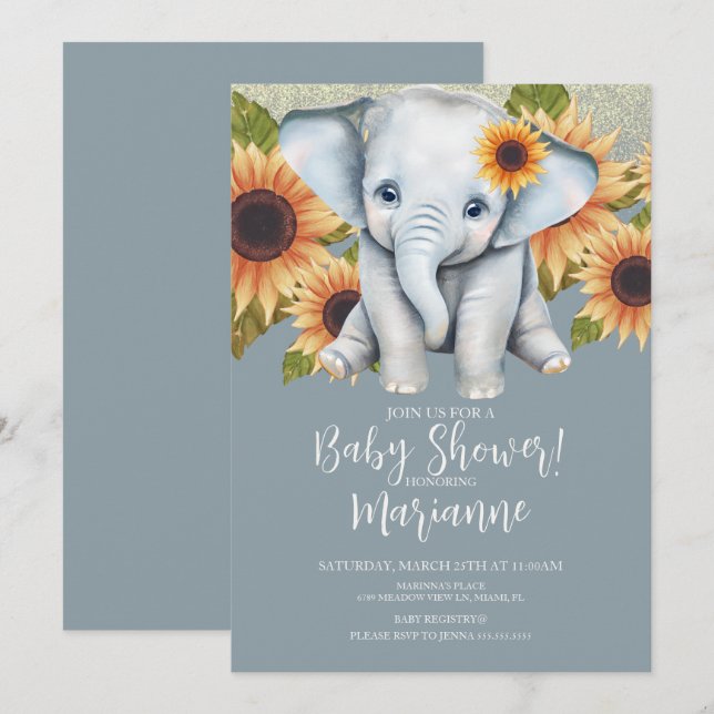 Invitation Bébé Éléphant Shower de Naissance Tournesol Paille (Devant / Derrière)