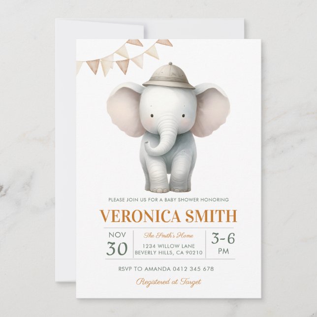 Invitation Bébé éléphant Shower Mixte (Devant)