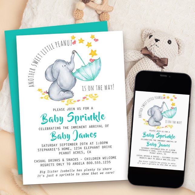Invitation Bébé Éléphant Sprinkle Encore un Petit Cacahuète S (Baby Elephant Baby Sprinkle invitation for another sweet little peanut!)