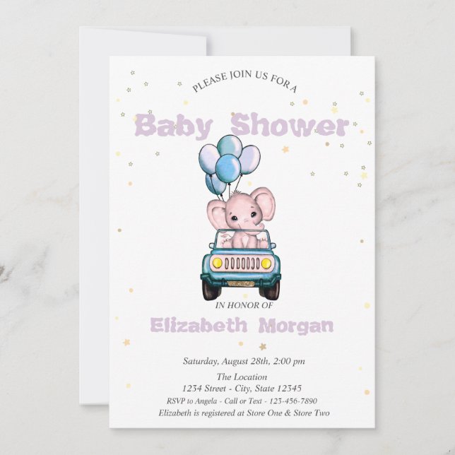 Invitation Bébé éléphant, Voiture, Baby shower étoiles (Devant)