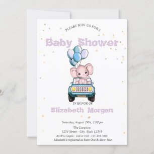 Invitation Bébé éléphant, Voiture, Baby shower étoiles