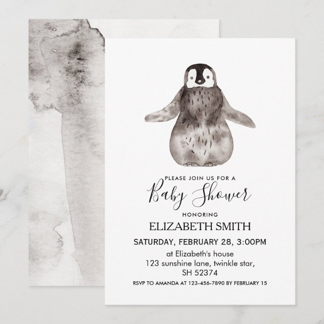 Invitation Bébé Empereur Penguin Baby shower d'hiver (Devant / Derrière)