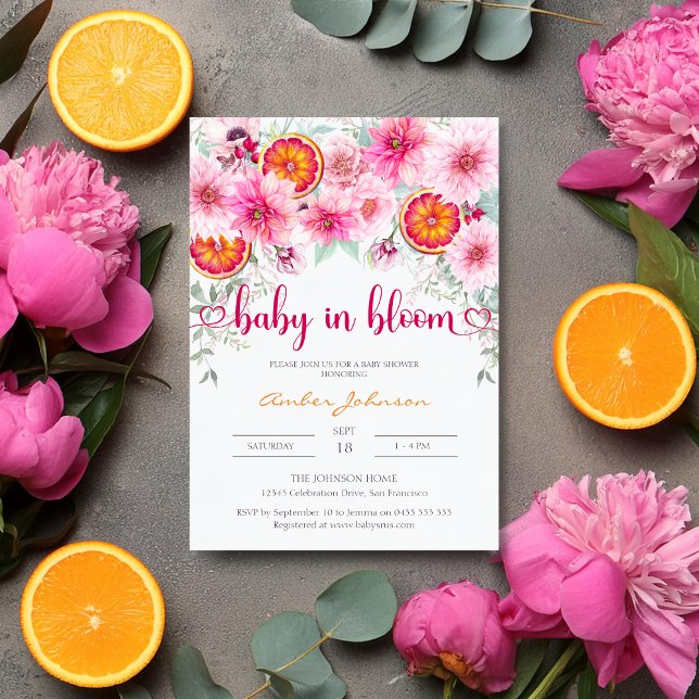 Invitation Bébé en agrumes de fleurs et Baby shower floral ro (Baby in bloom baby shower invitation with pink flowers and slices of orange)