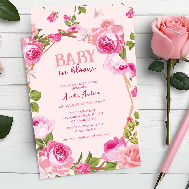 Invitation Bébé en Baby shower fleuri rose (Créateur téléchargé)