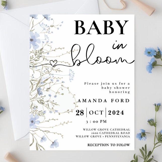 Invitation Bébé en bleu fleur Floral Printemps Douche été (Créateur téléchargé)