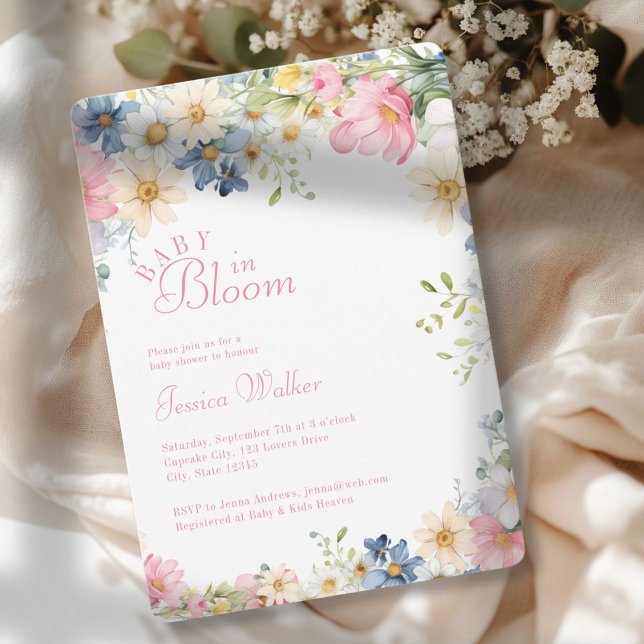 Invitation BÉBÉ EN BLOOM ! Fleur sauvage, Baby shower (BABY IN BLOOM! Wildflower, Watercolor, White + Pastel, Baby Shower Invitation.)