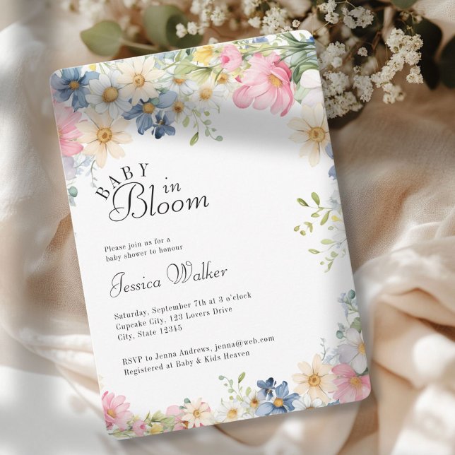 Invitation BÉBÉ EN BLOOM ! Fleur sauvage, Baby shower (BABY IN BLOOM! Wildflower, Watercolor, White + Pastel, Baby Shower Invitation.)