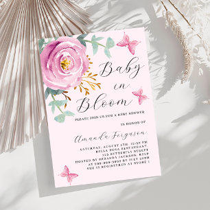 Invitation Bébé en Bloom rose Baby shower papillon rose