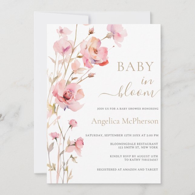 INVITATION BÉBÉ EN BLOOM ROSE BLEU OR CHAMPAGNE FLORALE (Devant)