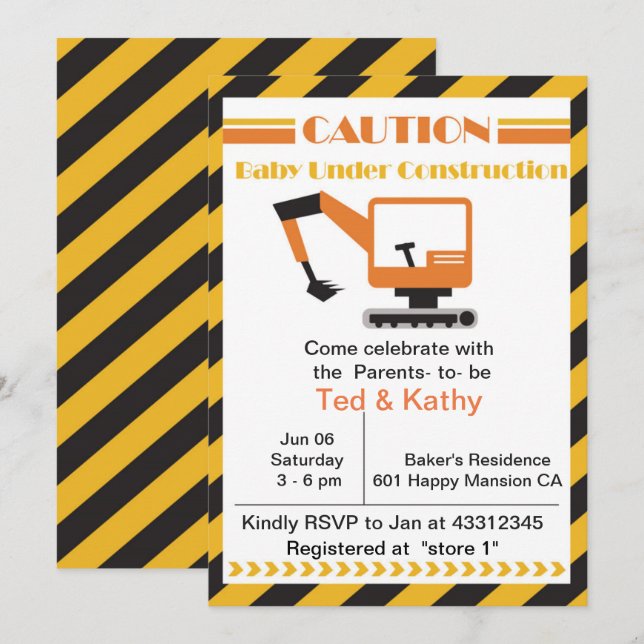 Invitation Bébé en construction Baby shower (Devant / Derrière)