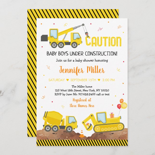 Invitation Bébé en construction Twin Boy Baby shower Camion (Devant / Derrière)