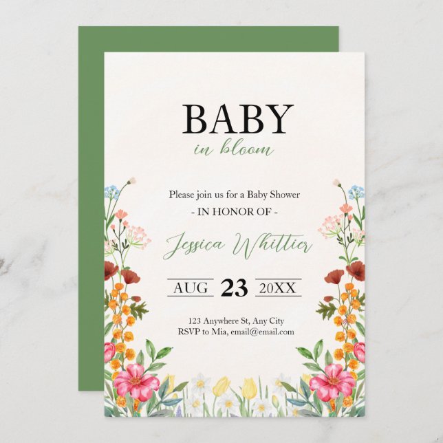 Invitation Bébé en Fleur Aquarelle Baby shower Floral (Devant / Derrière)