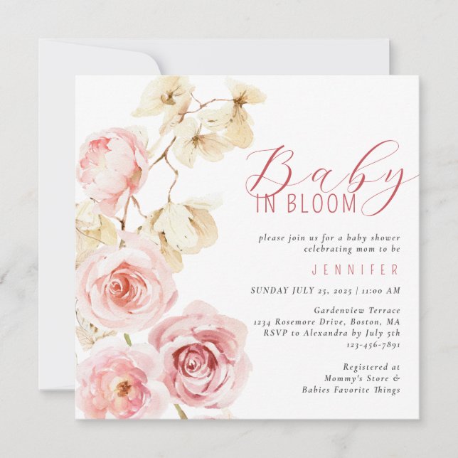 Invitation Bébé En Fleur Aquarelle Baby shower Floral rose (Devant)