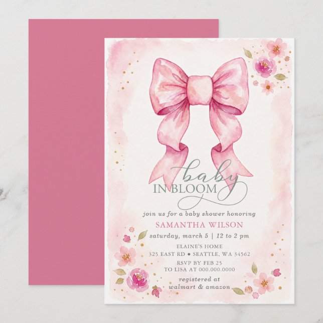 Invitation Bébé en Fleur Arc en Ciel Rose Fête de Naissance F (Devant / Derrière)