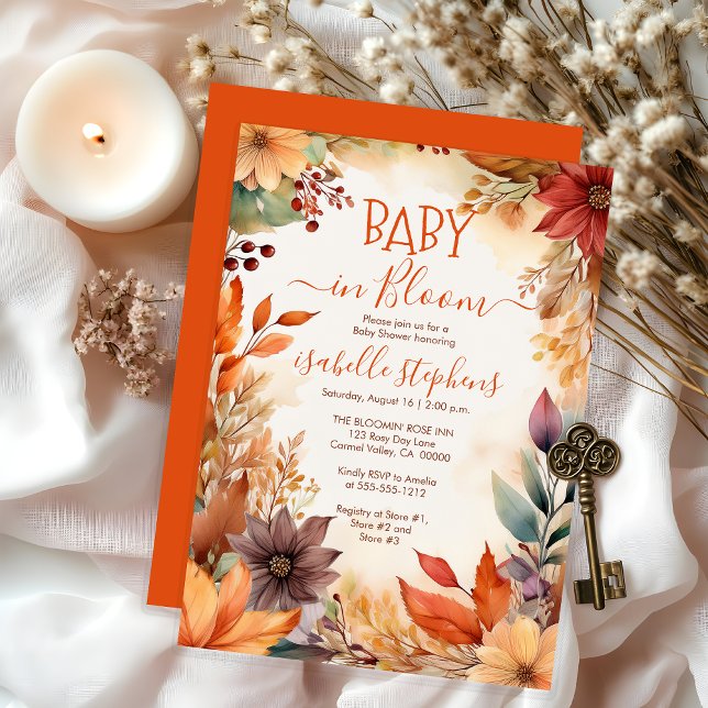 Invitation Bébé en Fleur Automne Baby shower de cadre floral (Boho Baby in Bloom Fall Floral Frame Baby Shower Invitation - Burnt Orange - Print | Digital )