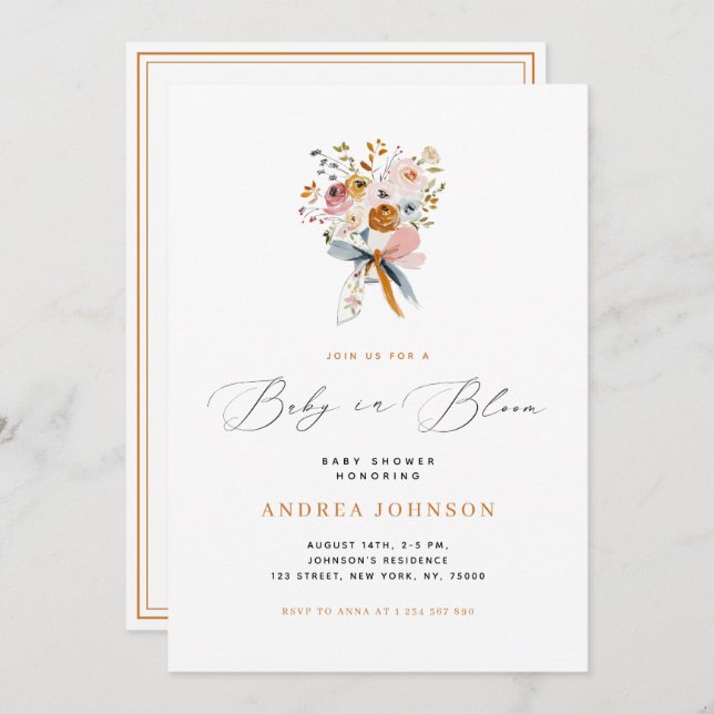 Invitation Bébé en fleur Automne Floral avec un Baby shower à (Devant / Derrière)